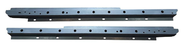 Two metal brackets with multiple holes on a white background. 2005-2015 Toyota Tacoma Crew Cab Inner and Outer Rocker Panels Kit.