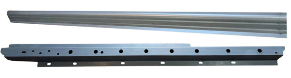 Two metal tracks or guides on a white background. 2005-2015 Toyota Tacoma Crew Cab Inner and Outer Rocker Panels Kit.