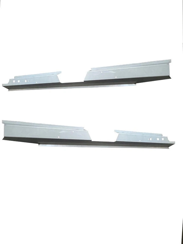 Two metal brackets on a white background. 2003-2008 Toyota Corolla Outer 4DR Inner & Outer Rocker Panel Kit.