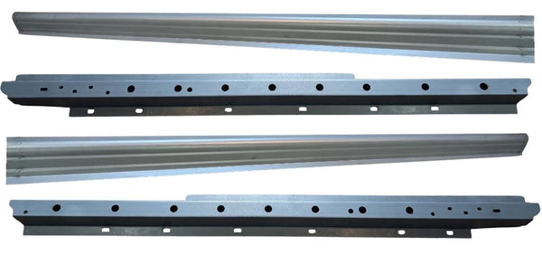 Set of metal tracks or guides on a white background. 2005-2015 Toyota Tacoma Crew Cab Inner and Outer Rocker Panels Kit.