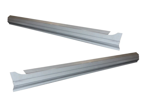 Two metal profiles on a white background. 2009-2018 Dodge Ram Crew Cab Inner Rocker Panels & Outer Rocker Panels Kit.