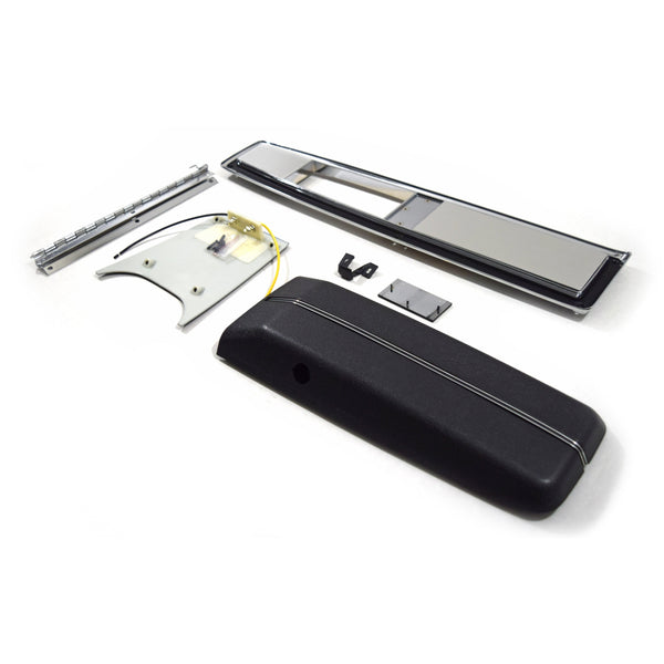 1970-1972 CHEVY EL CAMINO CENTER CONSOLE KIT -INCL. CONSOLE BASE, RR. LIGHT PANEL, CONSOLE DOOR/HINGE/CATCH,TOP PLATE & EMBLEM.